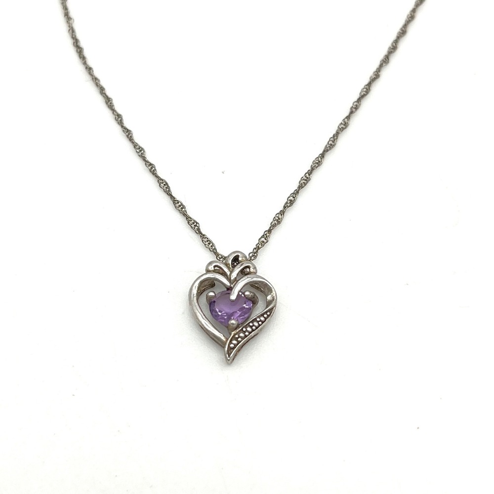 Sterling Silver Heart Amethyst Diamond Accent Pendant Necklace